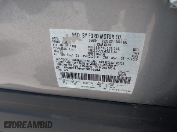 2023 Ford Explorer XLT with VIN 1FMSK7DH5PGB69004, listed as a IAAI auction lot 42517662 with 18,299 mi miles and . Bid and sale history available at DreamBid. Image 9.