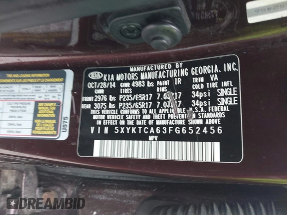 2015 Kia Sorento LX with VIN 5XYKTCA63FG652456, listed as a IAAI auction lot 41554796 with Not Provided miles. Bid and sale history available at carsss.com. Image 9.
