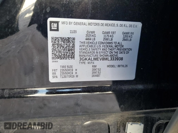 2021 GMC Terrain SLE z VIN 3GKALMEV8ML333938, wystawiony jako Copart lot #55214055 z przebiegiem 50 106 mil mil oraz Nie do naprawy • Non repairable. Historia ofert i sprzedaży dostępna na DreamBid. Obrazek 13.