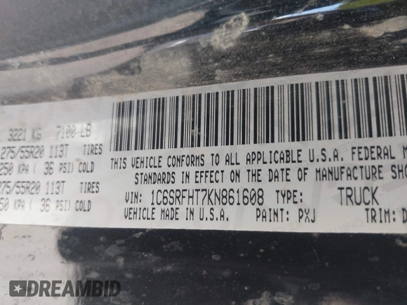 2019 Ram 1500 Limited with VIN 1C6SRFHT7KN861608, listed as a IAAI auction lot 41683742 with 160,180 mi miles and . Bid and sale history available at DreamBid. Image 9.