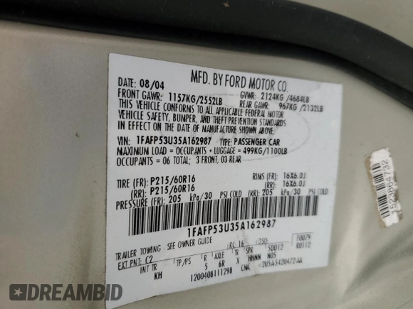 2005 Ford Taurus SE with VIN 1FAFP53U35A162987, listed as a Copart auction lot 49863695 with 156,917 mi miles and Salvage Title. Bid and sale history available at carsss.com. Image 13.
