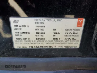 2019 Tesla Model S 75D with VIN 5YJSA1E21KF311317, listed as a Copart auction lot 53268765 with 81,898 mi miles and Salvage title. Bid and sale history available at DreamBid. Image 12.