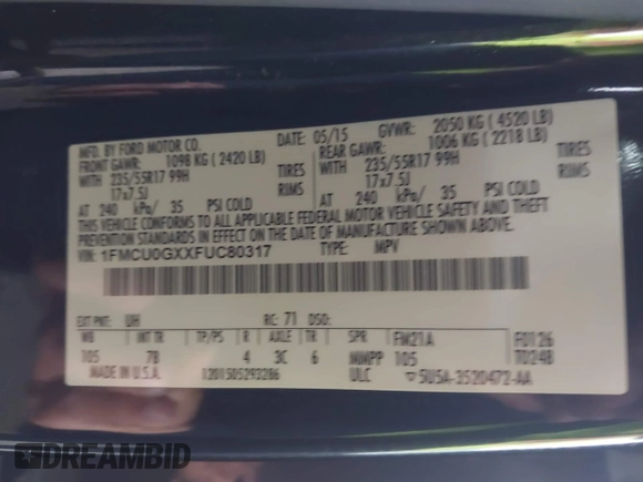 2015 Ford Escape SE with VIN 1FMCU0GXXFUC80317, listed as a IAAI auction lot 42047476 with 230,381 mi miles and . Bid and sale history available at DreamBid. Image 9.