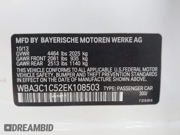 2014 BMW 3 Series 328i with VIN WBA3C1C52EK108503, listed as a IAAI auction lot 42258511 with 151,241 mi miles and . Bid and sale history available at DreamBid. Image 9.