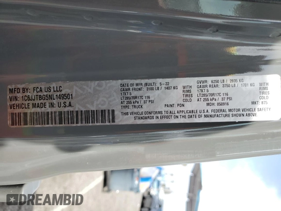 2022 Jeep Gladiator Rubicon with VIN 1C6JJTBG5NL149501, listed as a Copart auction lot 53029565 with 46,151 mi miles and Salvage title. Bid and sale history available at DreamBid. Image 12.
