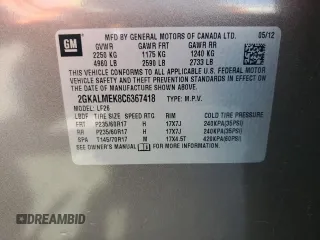 2012 GMC Terrain SLE-1 with VIN 2GKALMEK8C6367418, listed as a Copart auction lot 59561445 with 53,196 mi miles and Salvage title. Bid and sale history available at DreamBid. Image 13.