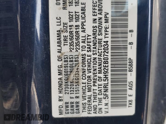 2014 Honda Odyssey Touring with VIN 5FNRL5H92EB072034, listed as a Copart auction lot 60371485 with 259,312 mi miles and Clean title. Bid and sale history available at DreamBid. Image 13.