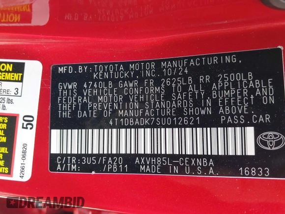 2025 Toyota Camry LE z VIN 4T1DBADK7SU012621, wystawiony jako IAAI lot #42034225 z przebiegiem 351 mil mil oraz . Historia ofert i sprzedaży dostępna na DreamBid. Obrazek 9.