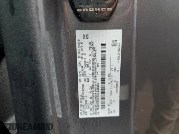 2022 Ford Bronco with VIN 1FMDE5DH3NLA98846, listed as a Copart auction lot 55818355 with 32,120 mi miles and Salvage title. Bid and sale history available at DreamBid. Image 13.