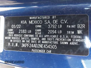 2022 Kia Forte LXS with VIN 3KPF24AD2NE454505, listed as a IAAI auction lot 42068571 with 55,179 mi miles and . Bid and sale history available at DreamBid. Image 9.