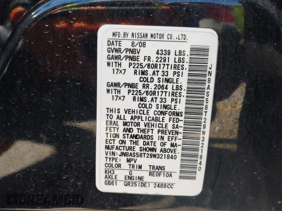 2009 Nissan Rogue SL with VIN JN8AS58T29W321840, listed as a IAAI auction lot 42157739 with 214,475 mi miles and . Bid and sale history available at DreamBid. Image 9.