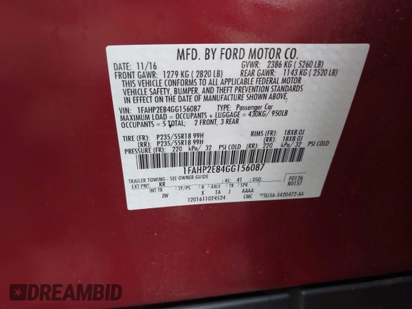 2016 Ford Taurus SEL with VIN 1FAHP2E84GG156087, listed as a IAAI auction lot 40849248 with 85,773 mi miles and . Bid and sale history available at DreamBid. Image 9.