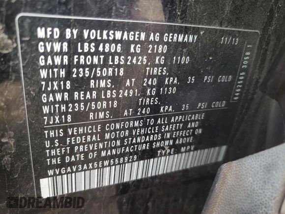 2014 Volkswagen Tiguan SEL with VIN WVGAV3AX5EW558929, listed as a Copart auction lot 71004684 with 125,628 mi miles and Clean title. Bid and sale history available at DreamBid. Image 13.