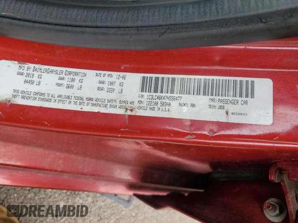 2007 Chrysler Sebring with VIN 1C3LC46K47N556477, listed as a Copart auction lot 49716675 with 103,318 mi miles and Salvage title. Bid and sale history available at DreamBid. Image 14.