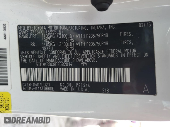 2015 Toyota Sienna SE с VIN 5TDXK3DC8FS582014, выставлен на аукционе Copart как лот 58018685 с пробегом 136 527 миль миль и Списание • Salvage title. История ставок и продаж доступна на DreamBid. Изображение 14.