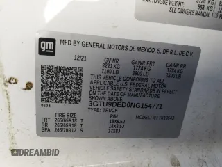 2022 GMC Sierra 1500 Limited SLT with VIN 3GTU9DED0NG154771, listed as a Copart auction lot 87717695 with 21,463 mi miles and Salvage Title. Bid and sale history available at carsss.com. Image 12.