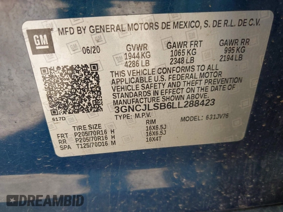 2020 Chevrolet Trax LT with VIN 3GNCJLSB6LL288423, listed as a IAAI auction lot 42213843 with 75,624 mi miles and . Bid and sale history available at DreamBid. Image 9.
