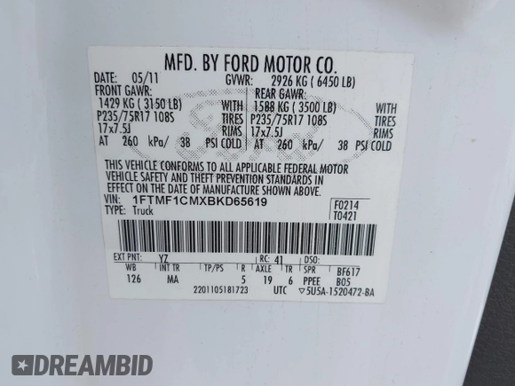 2011 Ford F-150 XL with VIN 1FTMF1CMXBKD65619, listed as a IAAI auction lot 42328495 with 181,441 mi miles and . Bid and sale history available at DreamBid. Image 9.