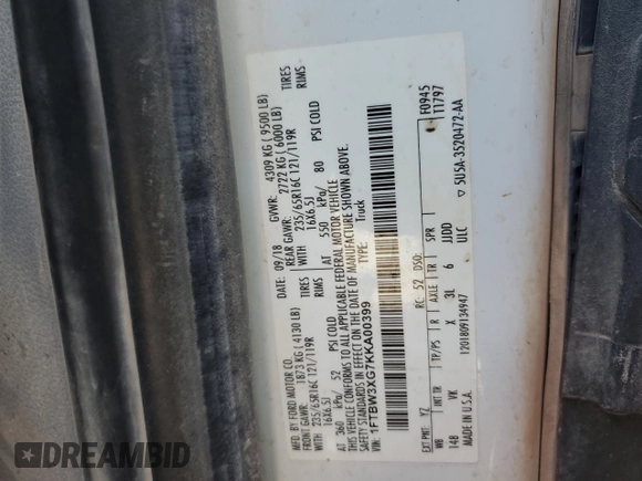 2019 Ford Transit Cargo с VIN 1FTBW3XG7KKA00399, выставлен на аукционе Copart как лот 57428165 с пробегом Не указан миль и Списание • Salvage title. История ставок и продаж доступна на DreamBid. Изображение 13.