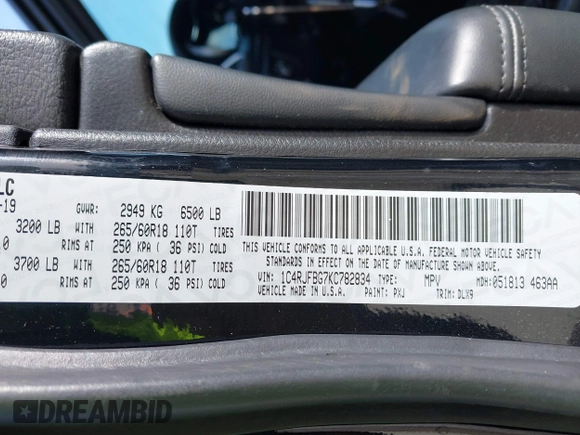 2019 Jeep Grand Cherokee Limited with VIN 1C4RJFBG7KC782834, listed as a IAAI auction lot 41822765 with 96,786 mi miles and . Bid and sale history available at DreamBid. Image 9.