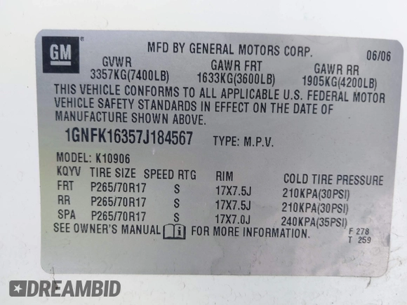 2007 Chevrolet Suburban LT with VIN 1GNFK16357J184567, listed as a IAAI auction lot 41811824 with 233,405 mi miles and . Bid and sale history available at DreamBid. Image 9.
