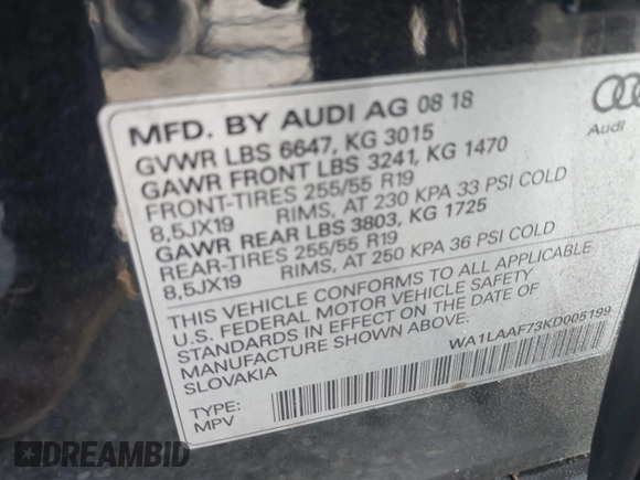 2019 Audi Q7 Premium Plus with VIN WA1LAAF73KD005199, listed as a IAAI auction lot 42525298 with 70,391 mi miles and . Bid and sale history available at DreamBid. Image 9.