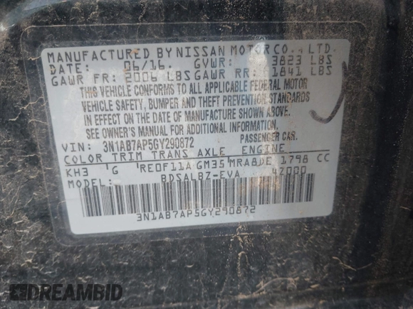 2016 Nissan Sentra S with VIN 3N1AB7AP5GY290872, listed as a IAAI auction lot 42130680 with 93,055 mi miles. Bid and sale history available at carsss.com. Image 9.