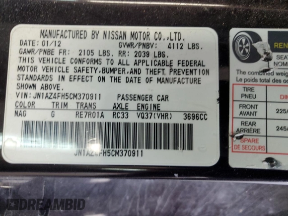 2012 Nissan 370Z Touring with VIN JN1AZ4FH5CM370911, listed as a Copart auction lot 68109714 with 41,454 mi miles and Salvage Title. Bid and sale history available at carsss.com. Image 12.