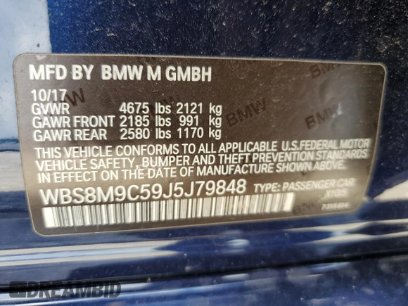 2018 BMW M3 z VIN WBS8M9C59J5J79848, wystawiony jako Copart lot #57026165 z przebiegiem Nie podano mil oraz Szkoda całkowita • Salvage title. Historia ofert i sprzedaży dostępna na DreamBid. Obrazek 12.
