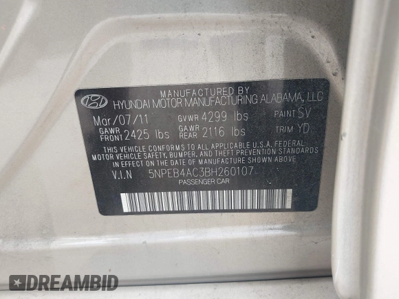 2011 Hyundai Sonata GLS with VIN 5NPEB4AC3BH260107, listed as a IAAI auction lot 42217499 with 158,308 mi miles and . Bid and sale history available at DreamBid. Image 9.