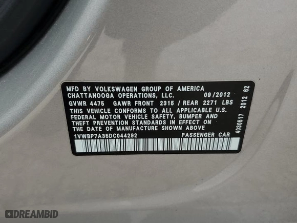 2013 Volkswagen Passat SE with VIN 1VWBP7A35DC044292, listed as a Copart auction lot 49357094 with 123,659 mi miles and Salvage Title. Bid and sale history available at carsss.com. Image 12.