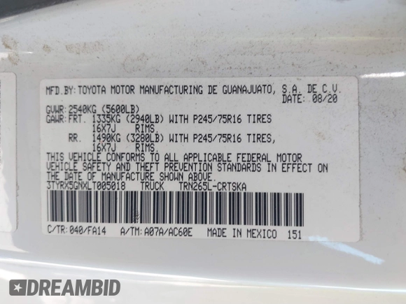 2020 Toyota Tacoma SR with VIN 3TYRX5GNXLT005018, listed as a IAAI auction lot 41851226 with 90,325 mi miles and . Bid and sale history available at DreamBid. Image 9.