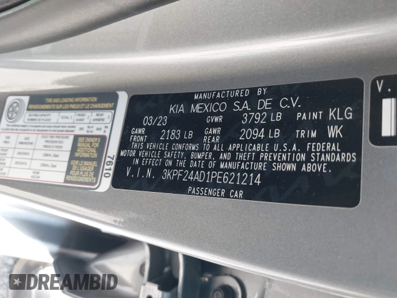 2023 Kia Forte LXS z VIN 3KPF24AD1PE621214, wystawiony jako IAAI lot #41970298 z przebiegiem 35 996 mil mil oraz . Historia ofert i sprzedaży dostępna na DreamBid. Obrazek 9.