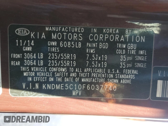 2015 Kia Sedona SX-L with VIN KNDME5C10F6037740, listed as a Copart auction lot 51162595 with 128,111 mi miles and Salvage Title. Bid and sale history available at DreamBid. Image 15.