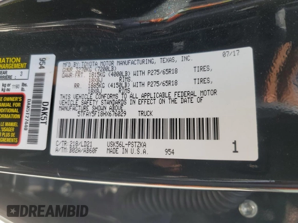 2017 Toyota Tundra Platinum z VIN 5TFAY5F18HX676029, wystawiony jako Copart lot #55206735 z przebiegiem 67 784 mil mil oraz Szkoda całkowita • Salvage title. Historia ofert i sprzedaży dostępna na DreamBid. Obrazek 12.