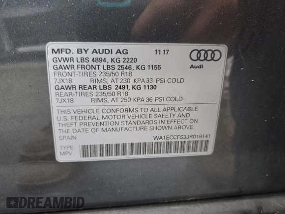 2018 Audi Q3 Premium with VIN WA1ECCFS3JR019141, listed as a Copart auction lot 57819205 with 63,200 mi miles and Salvage title. Bid and sale history available at DreamBid. Image 13.