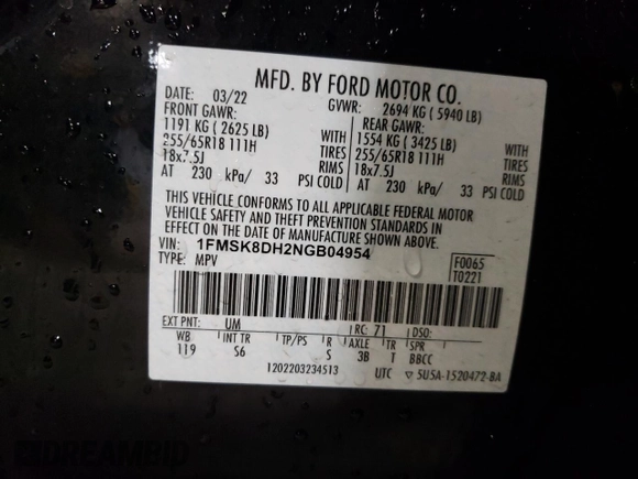 2022 Ford Explorer XLT с VIN 1FMSK8DH2NGB04954, выставлен на аукционе Copart как лот 58515595 с пробегом 81 179 миль миль и Списание • Salvage title. История ставок и продаж доступна на DreamBid. Изображение 13.