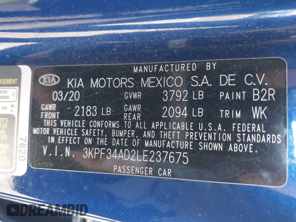 2020 Kia Forte GT-Line with VIN 3KPF34AD2LE237675, listed as a IAAI auction lot 41965261 with 67,338 mi miles and . Bid and sale history available at DreamBid. Image 9.