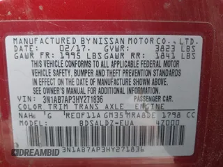 2017 Nissan Sentra S z VIN 3N1AB7AP3HY271836, wystawiony jako IAAI lot #42019396 z przebiegiem 99 824 mil mil oraz . Historia ofert i sprzedaży dostępna na DreamBid. Obrazek 9.