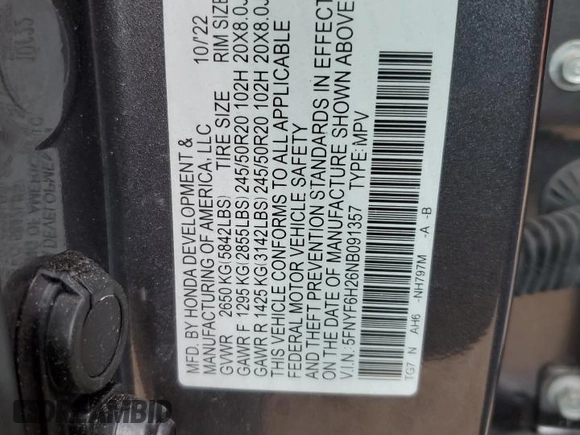 2022 Honda Pilot Special Edition with VIN 5FNYF6H26NB091357, listed as a Copart auction lot 50250075 with 38,405 mi miles and Salvage Title. Bid and sale history available at carsss.com. Image 15.
