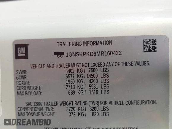 2021 Chevrolet Tahoe Z71 with VIN 1GNSKPKD6MR160422, listed as a IAAI auction lot 41920107 with 37,399 mi miles and . Bid and sale history available at DreamBid. Image 9.