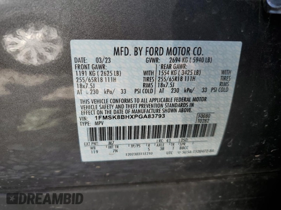 2023 Ford Explorer с VIN 1FMSK8BHXPGA83793, выставлен на аукционе Copart как лот 72593694 с пробегом 44 837 миль миль и Списание • Salvage title. История ставок и продаж доступна на DreamBid. Изображение 13.