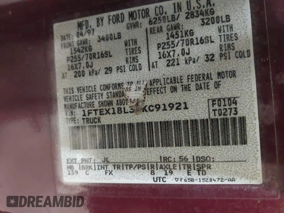 1997 Ford F-150 XL with VIN 1FTEX18L3VKC91921, listed as a IAAI auction lot 41820453 with 210,553 mi miles. Bid and sale history available at carsss.com. Image 9.