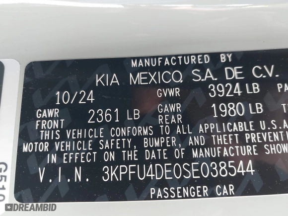 2025 Kia K4 EX with VIN 3KPFU4DE0SE038544, listed as a IAAI auction lot 41305887 with 1,729 mi miles. Bid and sale history available at carsss.com. Image 9.