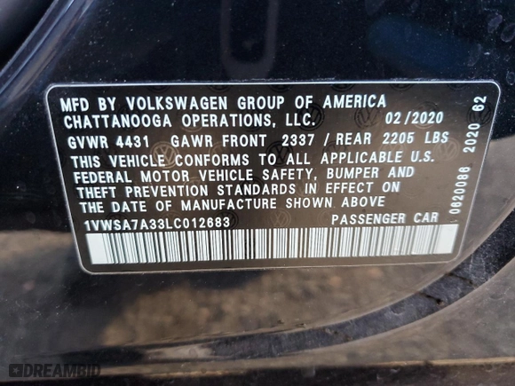 2020 Volkswagen Passat 2.0T SE with VIN 1VWSA7A33LC012683, listed as a Copart auction lot 71447962 with 25,757 mi miles. Bid and sale history available at carsss.com. Image 13.