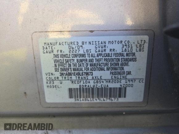 2009 Nissan Sentra FE+ with VIN 3N1AB61E49L679673, listed as a Copart auction lot 49003405 with 129,683 mi miles and Clean Title. Bid and sale history available at DreamBid. Image 10.