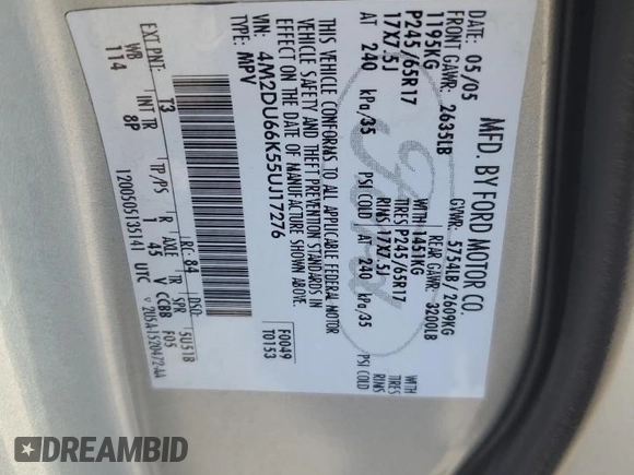 2005 Mercury Mountaineer z VIN 4M2DU66K55UJ17276, wystawiony jako Copart lot #86835544 z przebiegiem 137 270 mil mil oraz Szkoda całkowita • Salvage title. Historia ofert i sprzedaży dostępna na DreamBid. Obrazek 13.