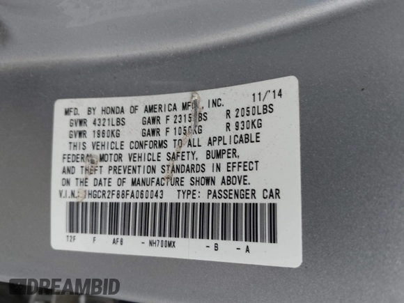 2015 Honda Accord EX-L with VIN 1HGCR2F88FA060043, listed as a IAAI auction lot 41935976 with 88,523 mi miles and . Bid and sale history available at DreamBid. Image 9.