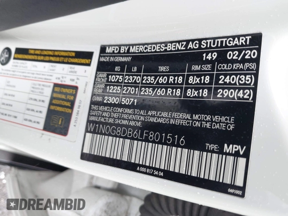 2020 Mercedes-Benz GLC with VIN W1N0G8DB6LF801516, listed as a IAAI auction lot 41902240 with 67,119 mi miles. Bid and sale history available at carsss.com. Image 9.