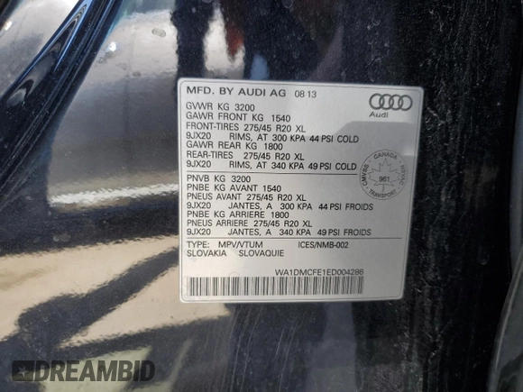 2014 Audi Q7 with VIN WA1DMCFE1ED004286, listed as a Copart auction lot 53513755 with 134,411 mi miles and Clean title. Bid and sale history available at DreamBid. Image 13.